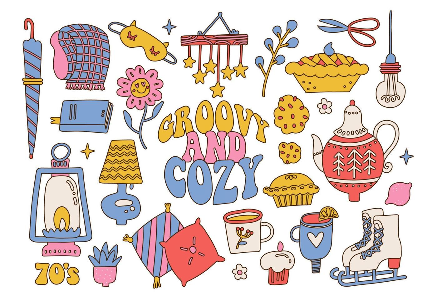 Cozy and groovy elements set in 70s style. Vintage Home goods - cup of tea, pie, flowers and lantern, teapot. Retro vector hand drawn illustration.