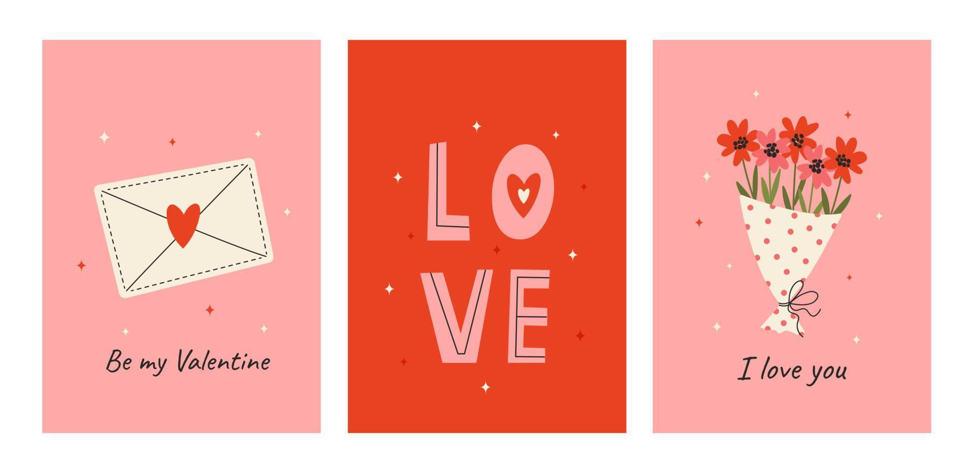 Set of cute greeting cards for Valentine's Day. Vector illustrations with festive decorative elements, heart, envelope, bouquet of flowers and lettering. Pink and red postcards.