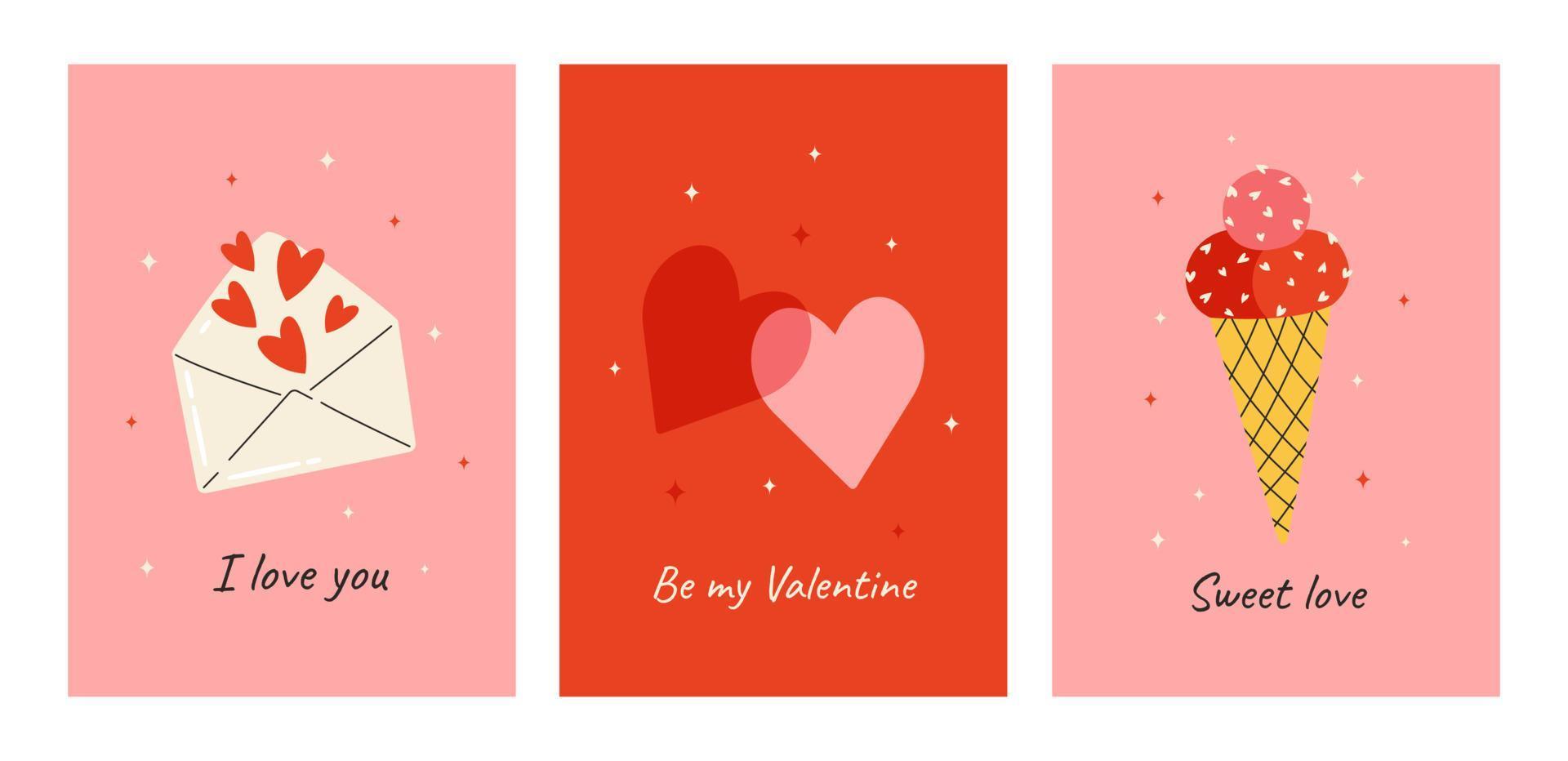 Set of cute greeting cards for Valentine's Day. Vector illustrations with festive decorative elements, heart, envelope, sweets and lettering. Pink and red postcards.