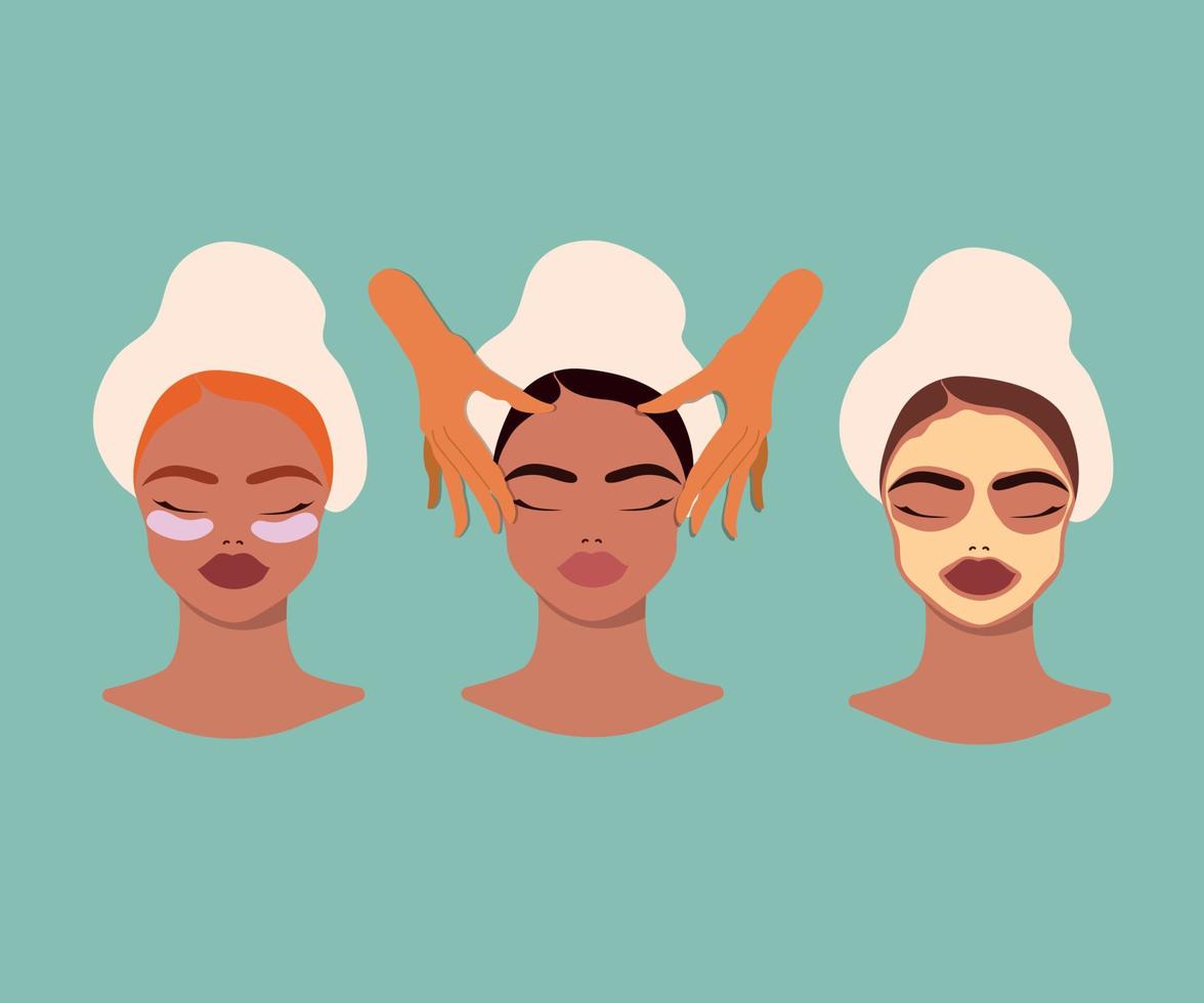 Three woman faces in spa procedures- face massage, facial mask. Beauty salon, wellness center poster, banner. Hand drawn concept of beauty. Vector illustration