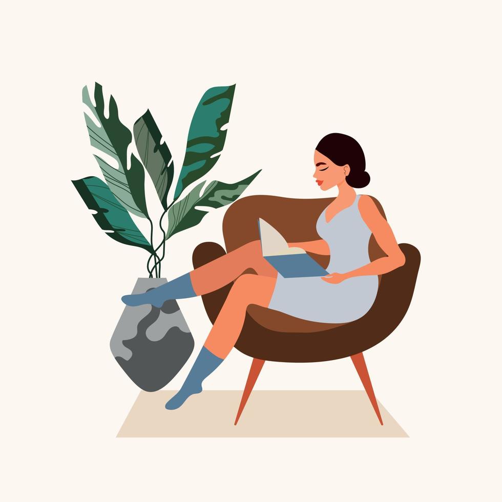 mujer joven sentada en un cómodo sillón y leyendo un libro. pasar tiempo en casa, relajación, descanso, hobby. ilustración vectorial aislado sobre fondo blanco. vector