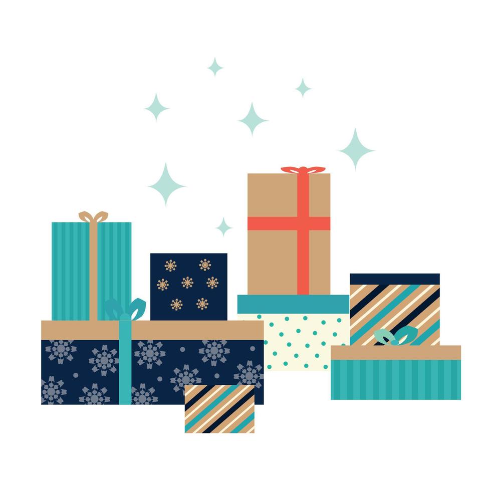 Big pile of gift boxes in festive wrapping paper with ribbon and bows. Stack of different presents for Christmas holiday. Many various giftboxes with tags. Flat illustration isolated on white vector