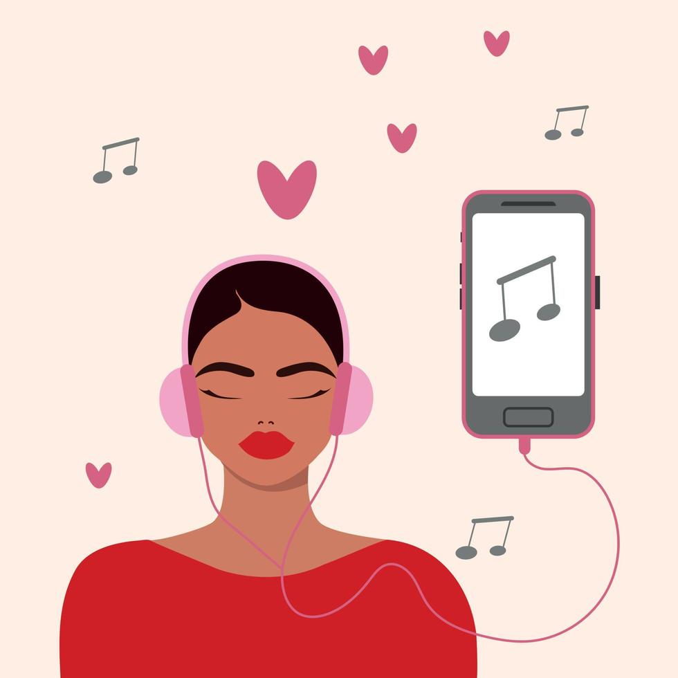 Beautiful young girl in headphones listening to favorite music and smiling. Melomaniac, music lover, fan. Woman enjoying songs in headset via smartphone, Flat vector illustration