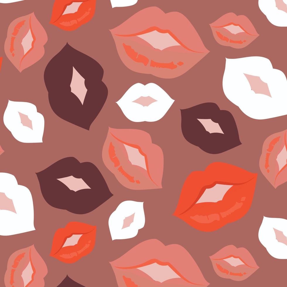 lápiz labial beso de patrones sin fisuras. símbolos de labios maquillados, siluetas de besos rojos y rosas, fondo del día de San Valentín, textiles de decoración de textura de belleza y cosmética, papel de envolver papel tapiz impreso vector