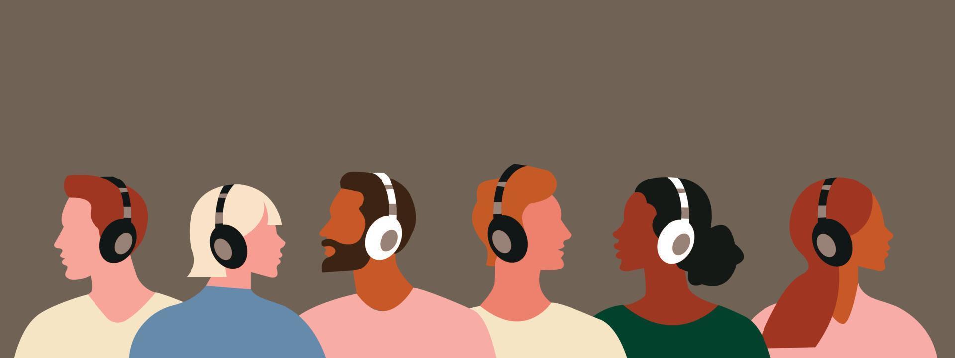 gente en auriculares. conjunto de hombres y mujeres escuchando música, podcast, audio. ilustración vectorial plana aislada con un grupo de jóvenes dibujados en estilo moderno vector