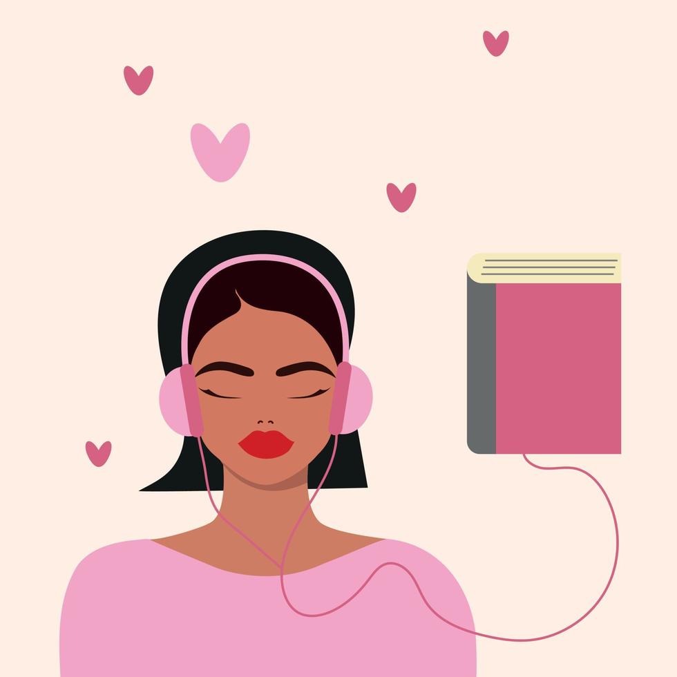 A beautiful young girl in headphones listens to an audiobook. The concept of audiobooks. A woman listens to books online, enjoys literature, studies. Audio worm. flat vector