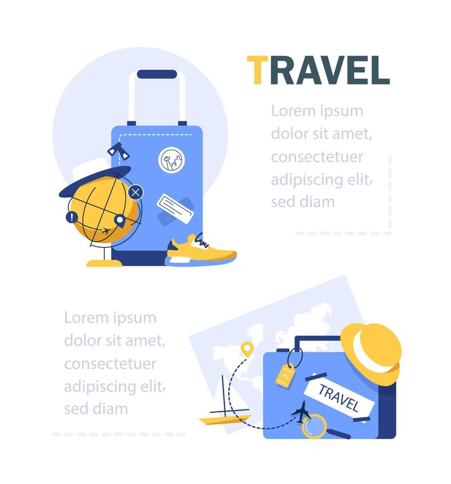 Back to travel concept,Travel concept with bag and sunglasses, hat, map vector