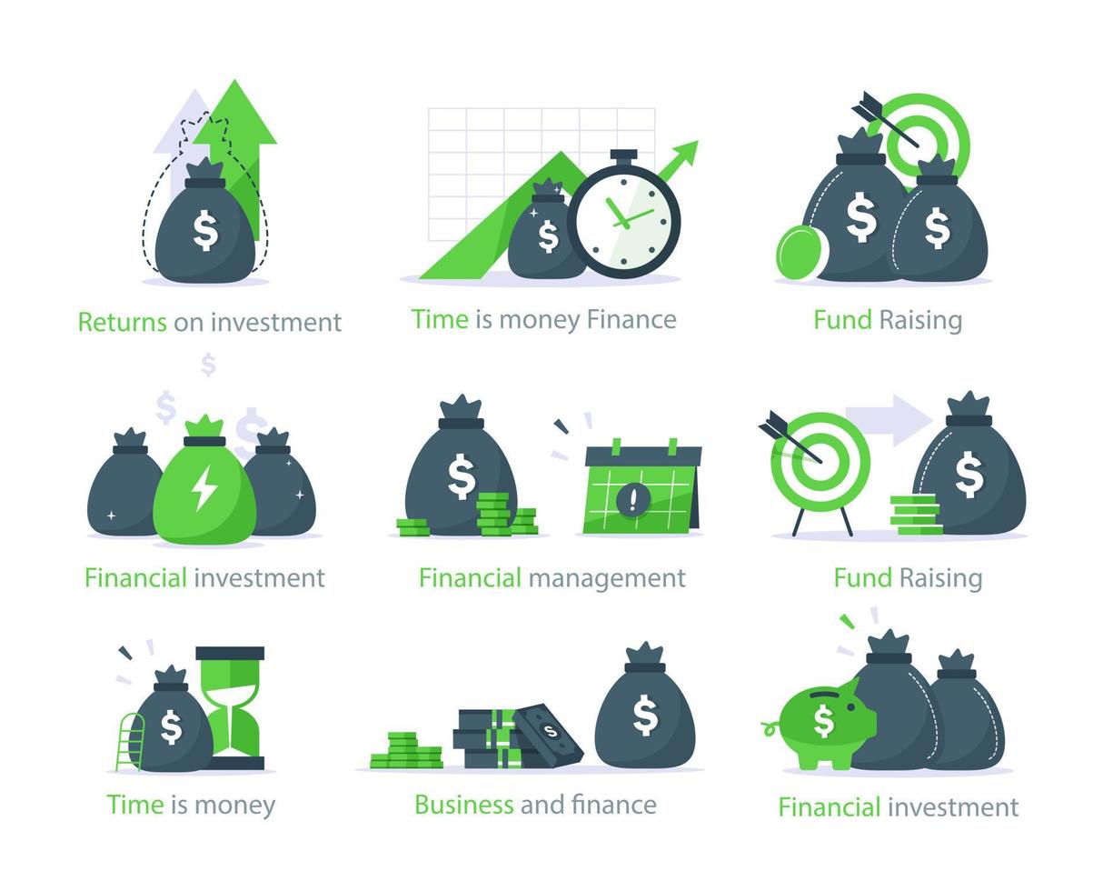 estrategia financiera, alto retorno de inversión, paquete de dinero, recaudación de fondos, incremento a largo plazo, crecimiento de ingresos, aumento de ingresos vector