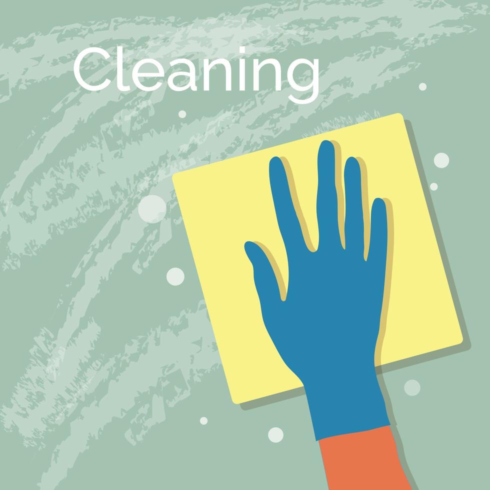 Cleaning surfaces at home or in the office. Pollution prevention. Napkin in hand. Protective rubber gloves. Hygiene at home. Vector flat design.