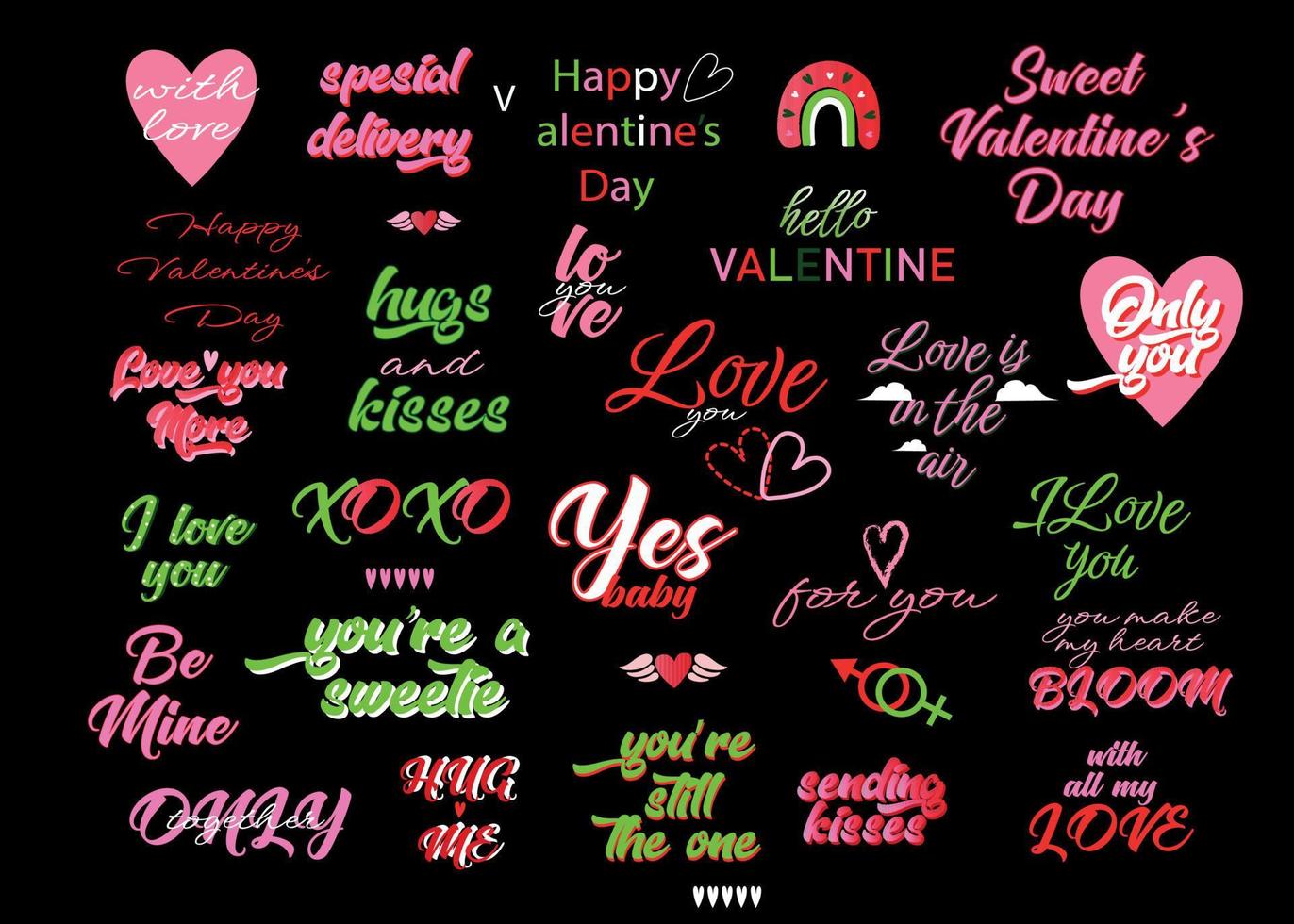 Happy Valentine's Day card. Set of calligraphic quotes. Happy typographic background. Valentine hand lettering text isolated on dark background. vector