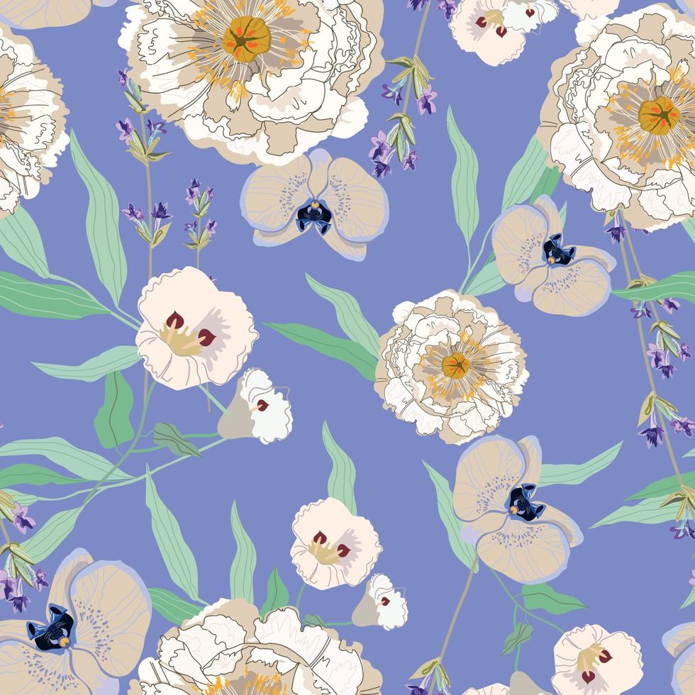 Soft gentle and delicate blooming garden with many types of botanical plants seamless vector, design for fashion, fabric, textile, wallpaper, cover, web, wrap on blue vector