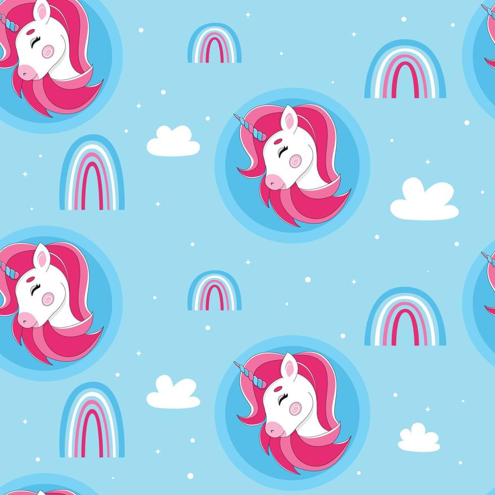 Pink unicorn with rainbow, cute unicorn on white background, unicorn and rainbow pattern, children's print with rainbows vector