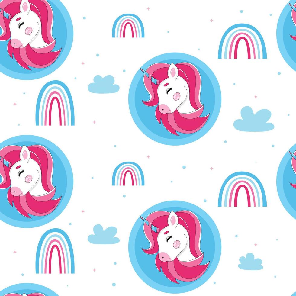Pink unicorn with rainbow, cute unicorn on white background, unicorn and rainbow pattern, children's print with rainbows vector