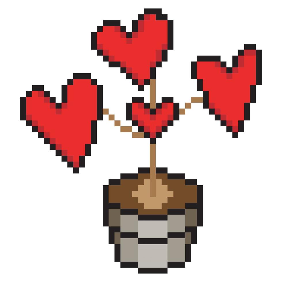 Plants in pot pixel art with heart symbol leaf design vector