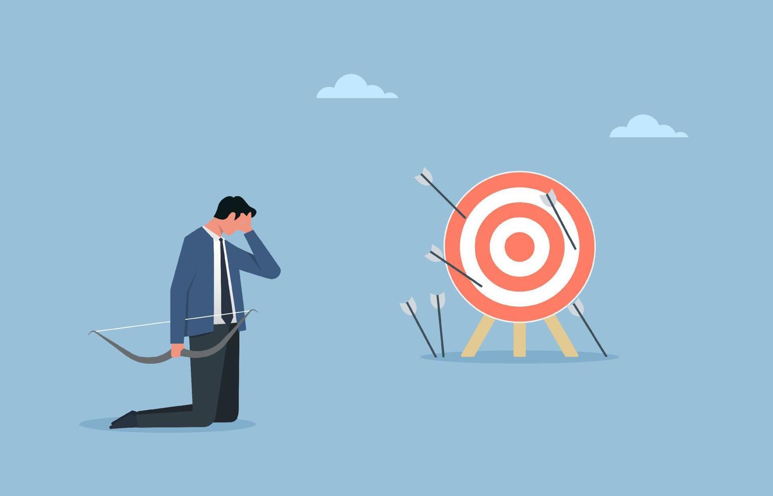 Business challenge failure metaphor, multiple failed inaccurate attempts to hit archery target, despair or disappointment from losing opportunity vector