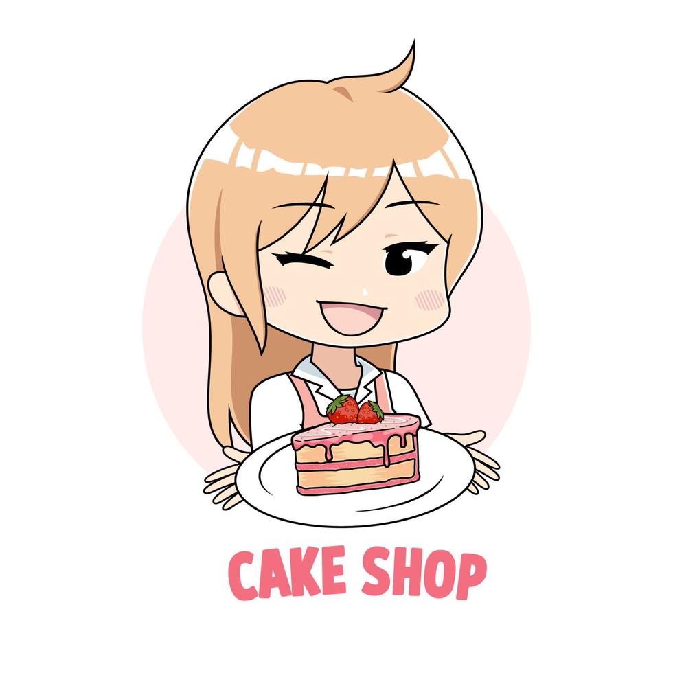 Cute woman cooking cake bakery logo, chef girl cartoon illustration vector