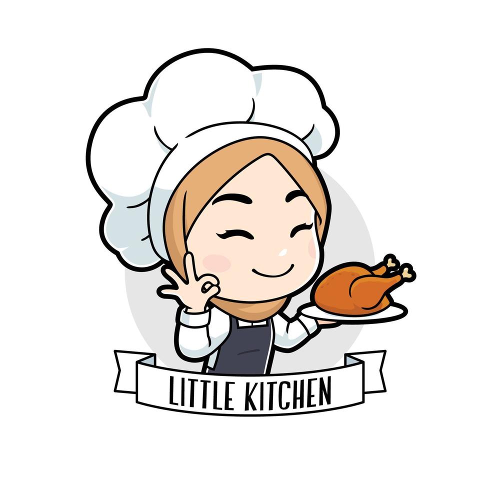 Little muslim chef girl holding chicken barbeque vector