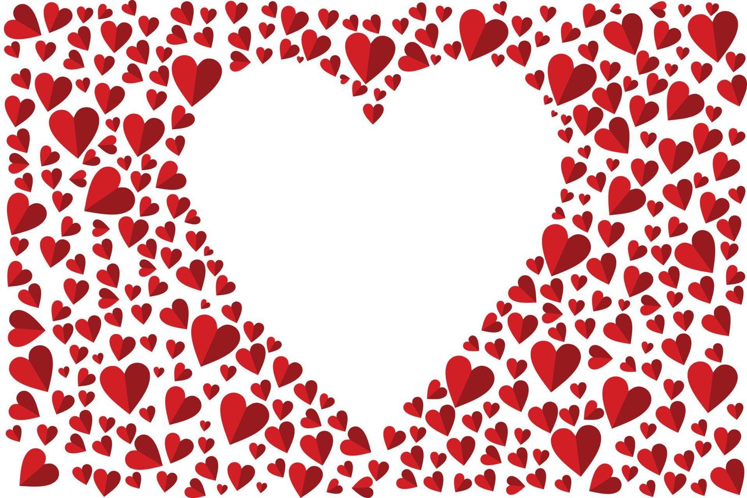 Red frame of scatter confetti in shape of heart. Border design element for festive banner, greeting card, postcard, wedding invitation, Valentines day and save the date card. Vector illustration