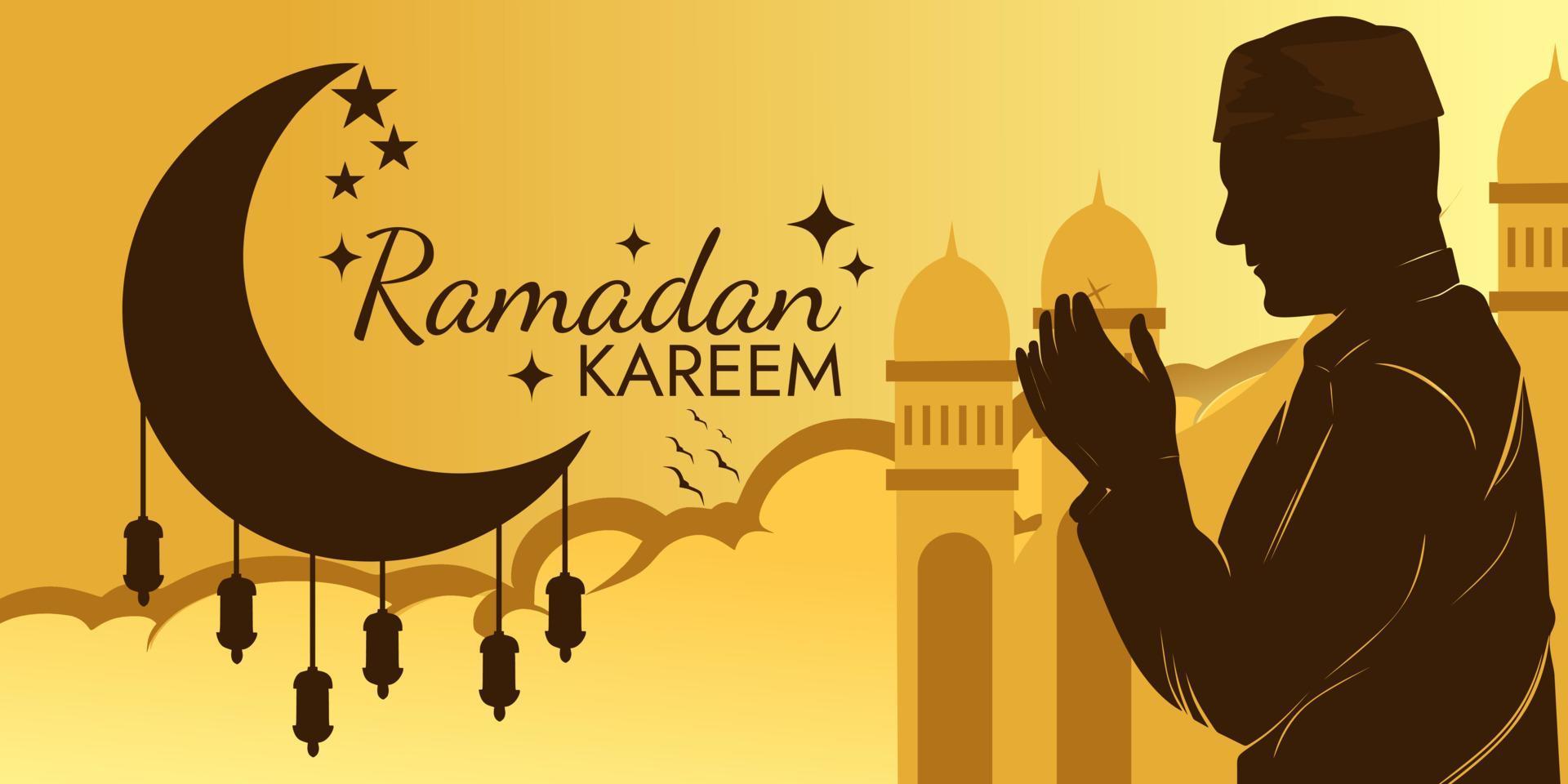 Islamic ramadan kareem greeting banner design with silhouette illustration of muslim man praying, lantern, mosque and crescent moon vector