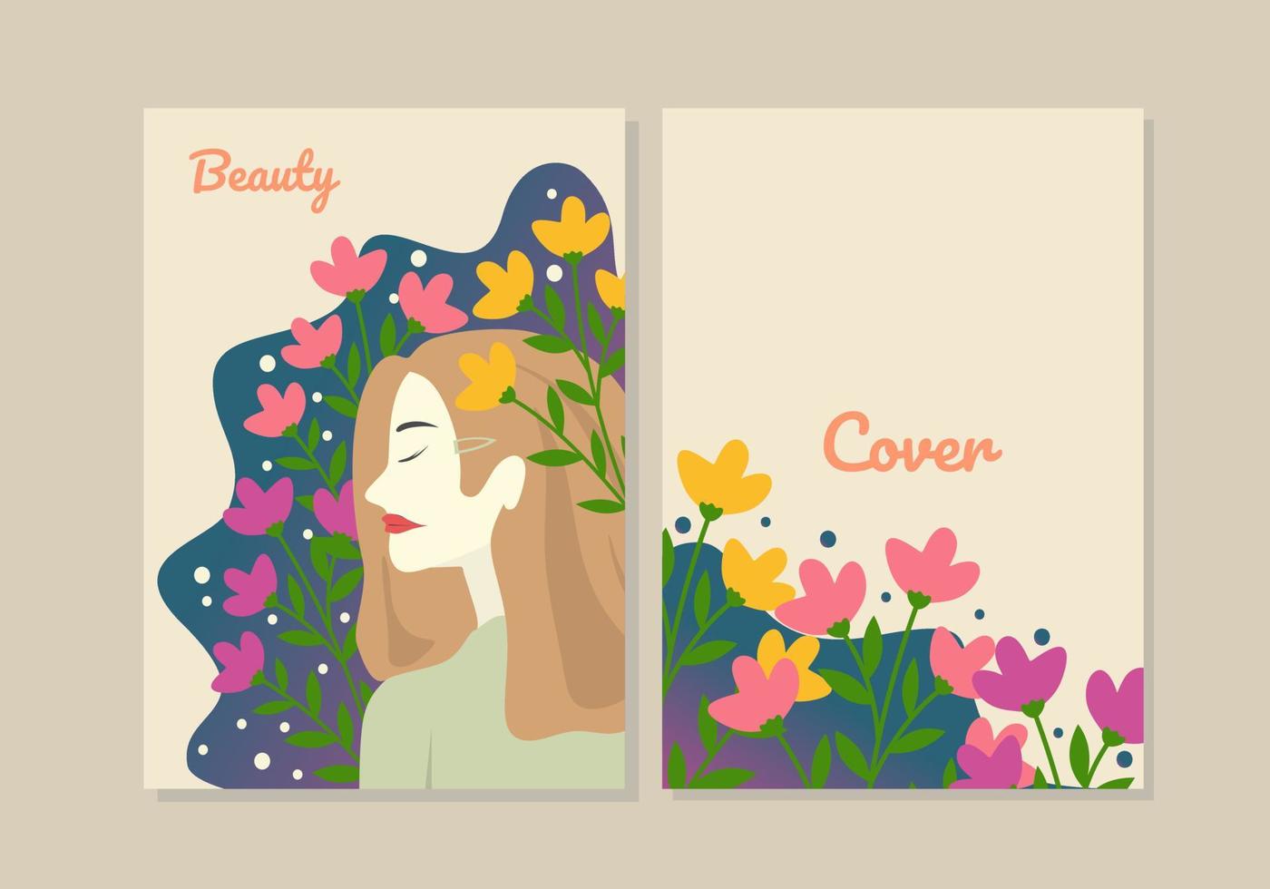 conjunto de diseño de portada de libro con mujer dibujada a mano y decoración floral. fondo botánico abstracto. tamaño a4 para cuadernos, planificadores, folletos, libros, catálogos vector