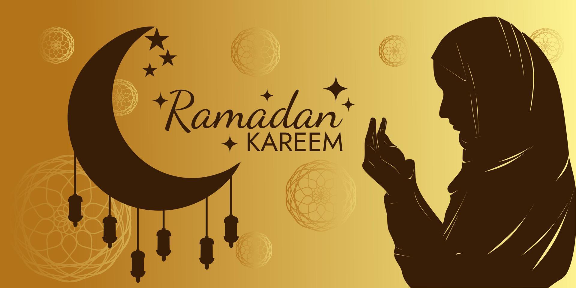 ramadan kareem islamic greeting banner design with silhouette illustration of woman praying, lantern and crescent moon vector
