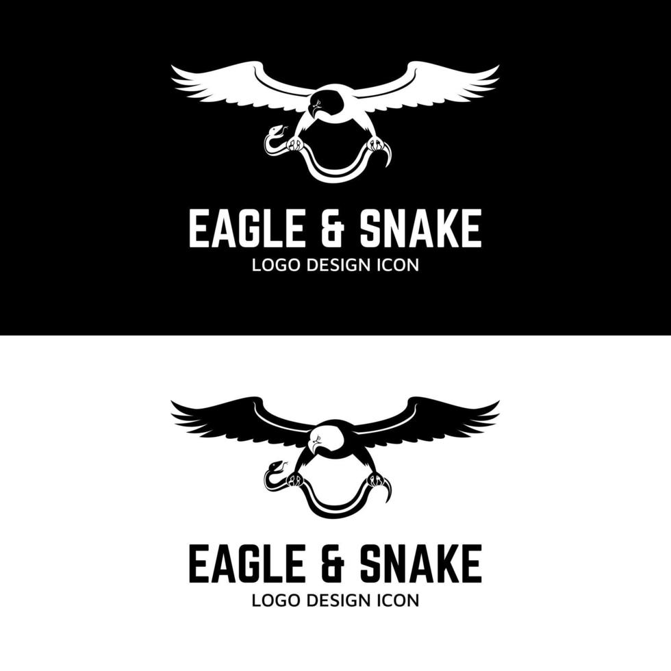 Eagle flies and clutching a snake in fight with retro vintage style logo design mascot character vector