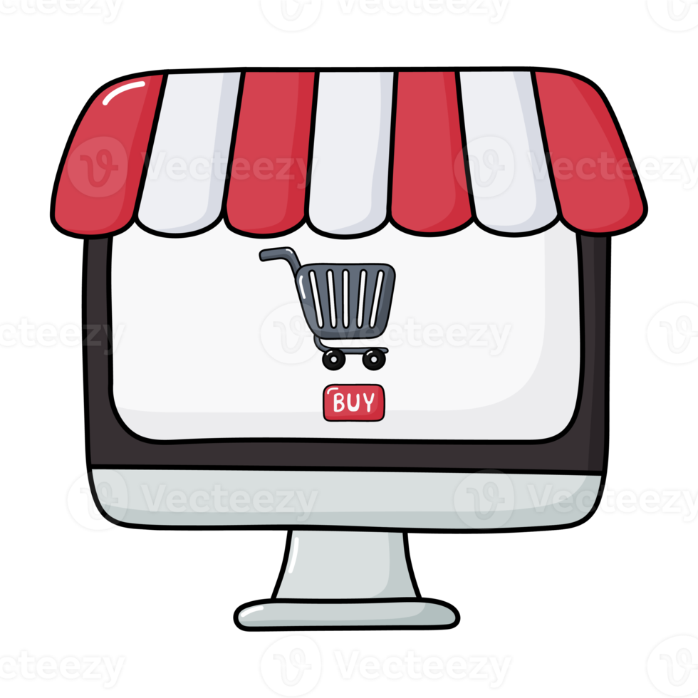 computadora con y pantalla icono de compra. concepto de compras en línea. estilo de dibujos animados png