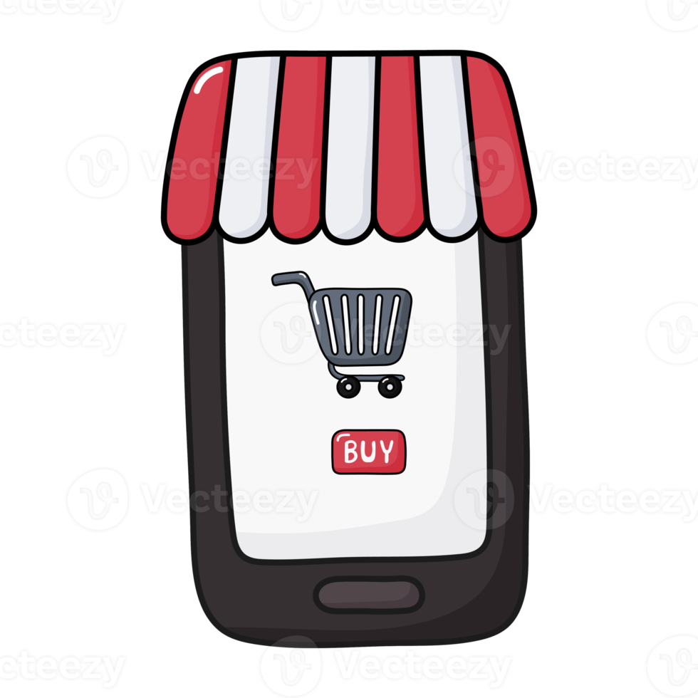 smartphone with and screen buy icon. concept online shopping. cartoon style. png