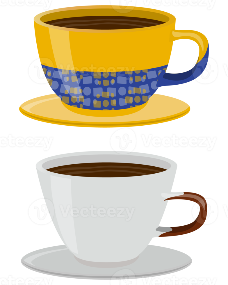 Cup of tea yellow and white SET. Porcelain mug with hot coffee. Colorful PNG illustration.
