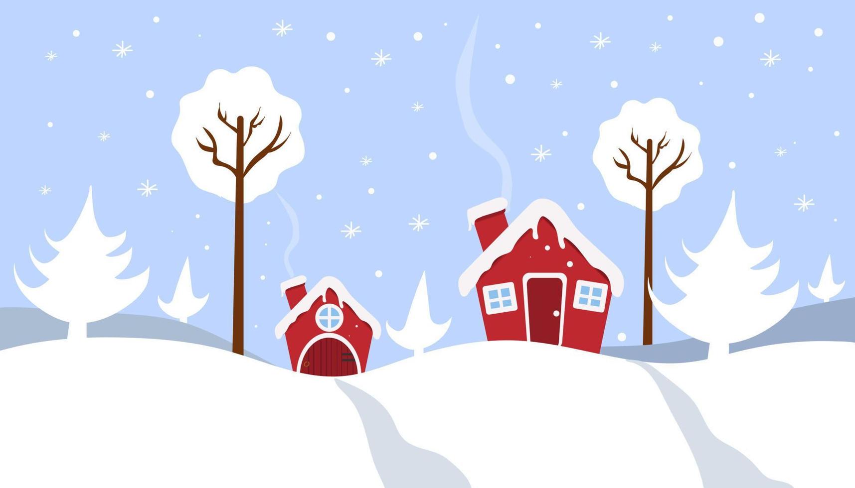 Winter landscape. Houses in the winter forest. Postcard winter. vector