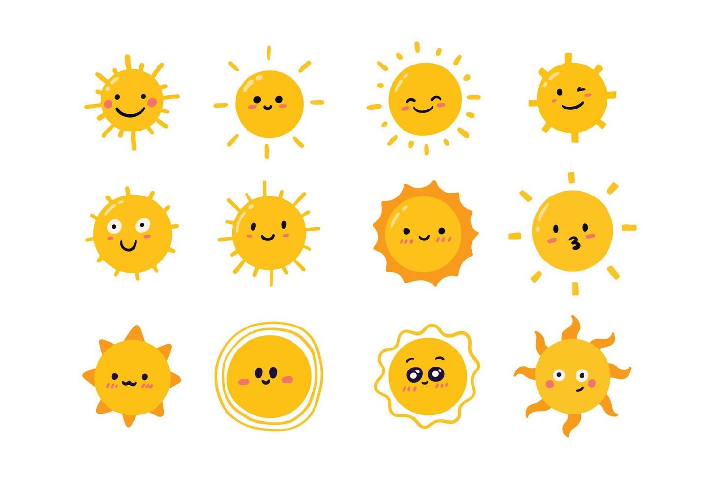 gran paquete de ilustración de personaje de sol lindo para elemento de diseño de niños. conjunto de sol divertido en estilo infantil vector