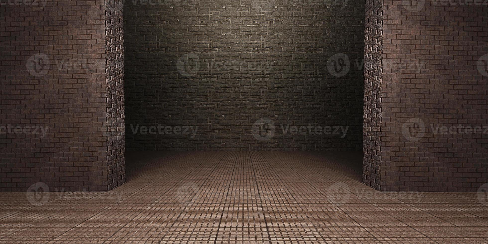 brick wall and brick floor background empty scene with lights at night Hallway scene and neon lights 3d illustration photo