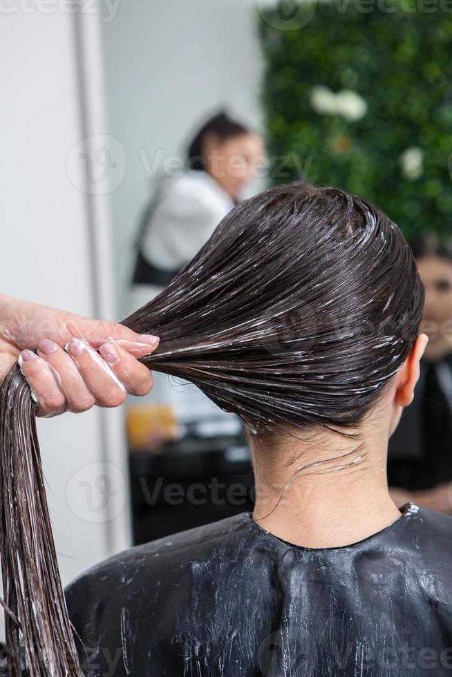 Hairdresser applies a hair mask to straight black hair. Hair care at the beauty salon. photo