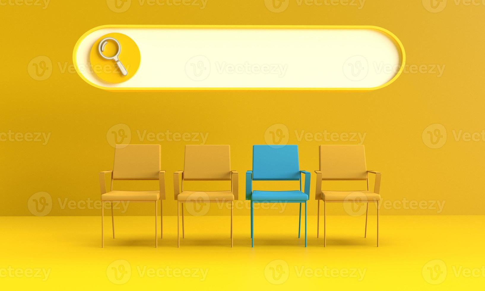 Chair yellow orange golden color blue difference object symbol decoration business human resource recruitment leadership interview work job career path occupation hiring browser internet.3d render photo