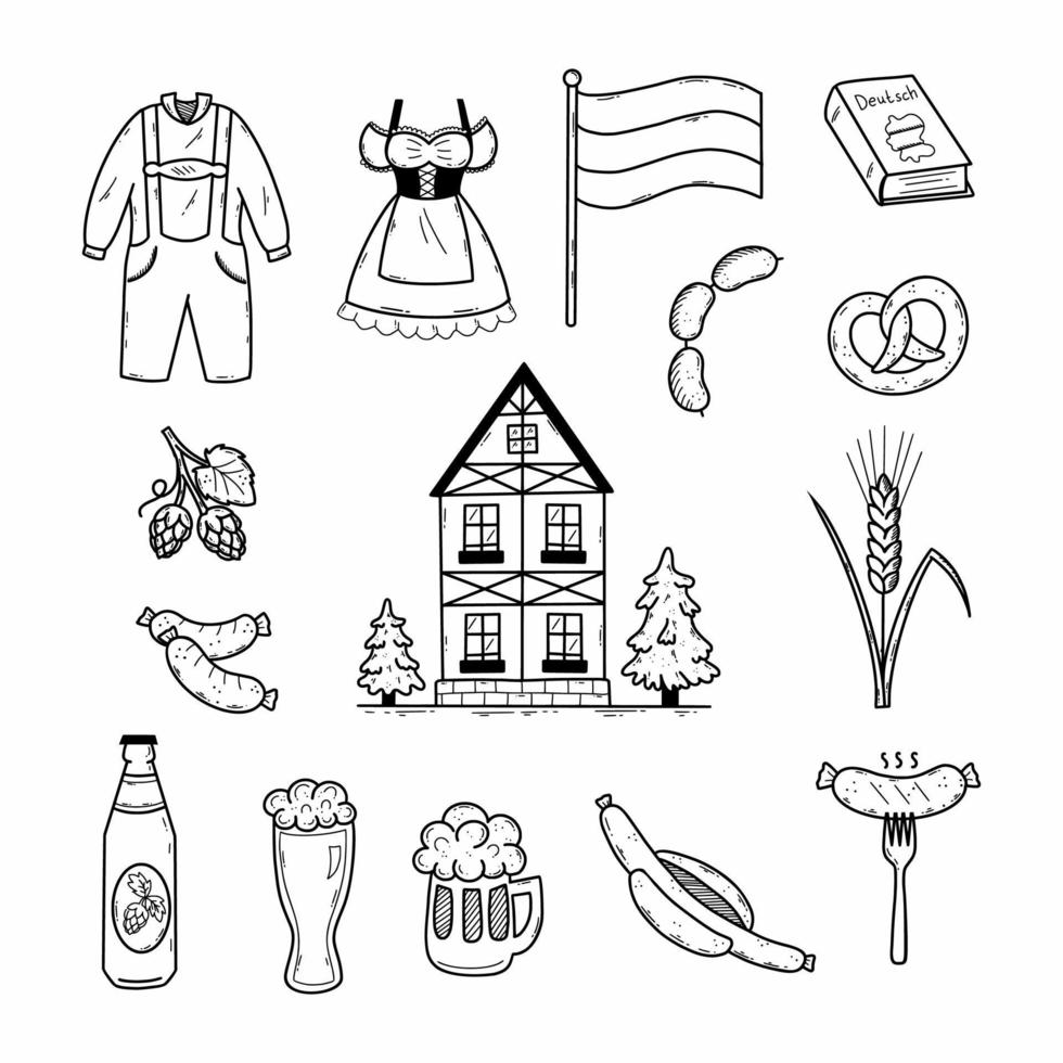 Germany. Set doodle icons for Oktoberfest. Bavarian traditional clothing. Sketch. Hand drawn illustration. Beer and sausages. vector