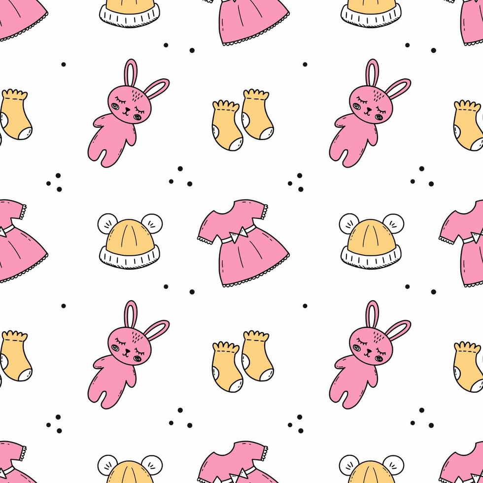 Seamless pink pattern for baby. Collection of toys for newborn. Wallpaper for nursery. Print  on fabric and wrapping paper. vector