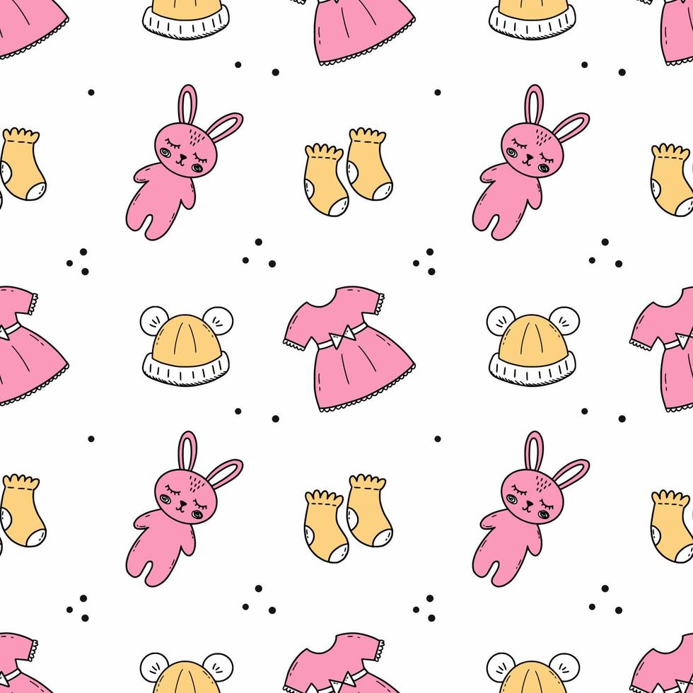 Seamless pink pattern for baby. Collection of toys for newborn. Wallpaper for nursery. Print  on fabric and wrapping paper. vector