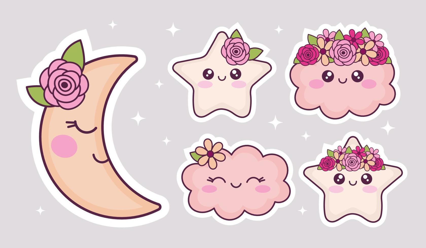 Hand drawn moon, stars and clouds. Cute cartoon kawaii stickers ...