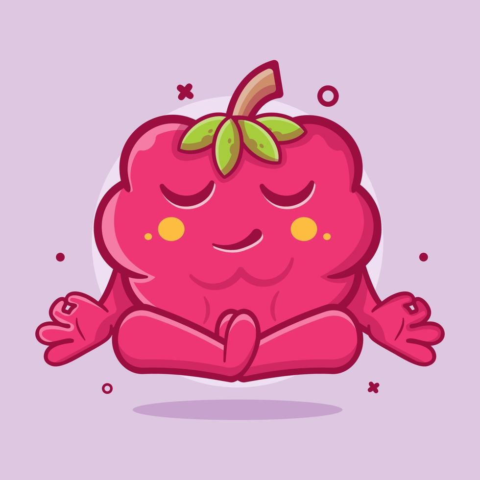 mascota de personaje de fruta de frambuesa tranquila con pose de meditación de yoga dibujos animados aislados en diseño de estilo plano vector