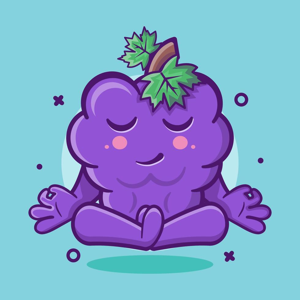 mascota de personaje de fruta de uva inteligente con pose de meditación de yoga dibujos animados aislados en diseño de estilo plano vector