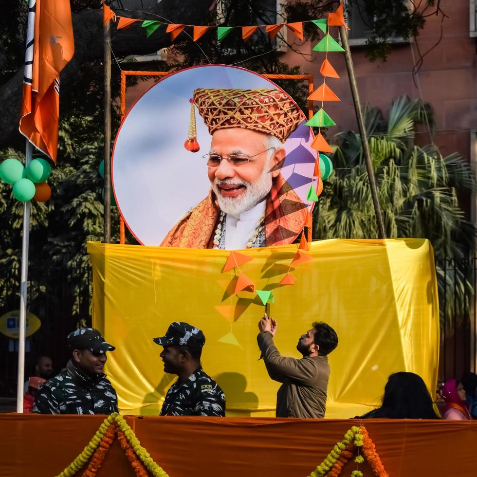 New Delhi, India - January 16 2023 - Thousands of people collected during Prime Minister Narendra Modi BJP road show, people during PM Modi big election rally in the capital photo
