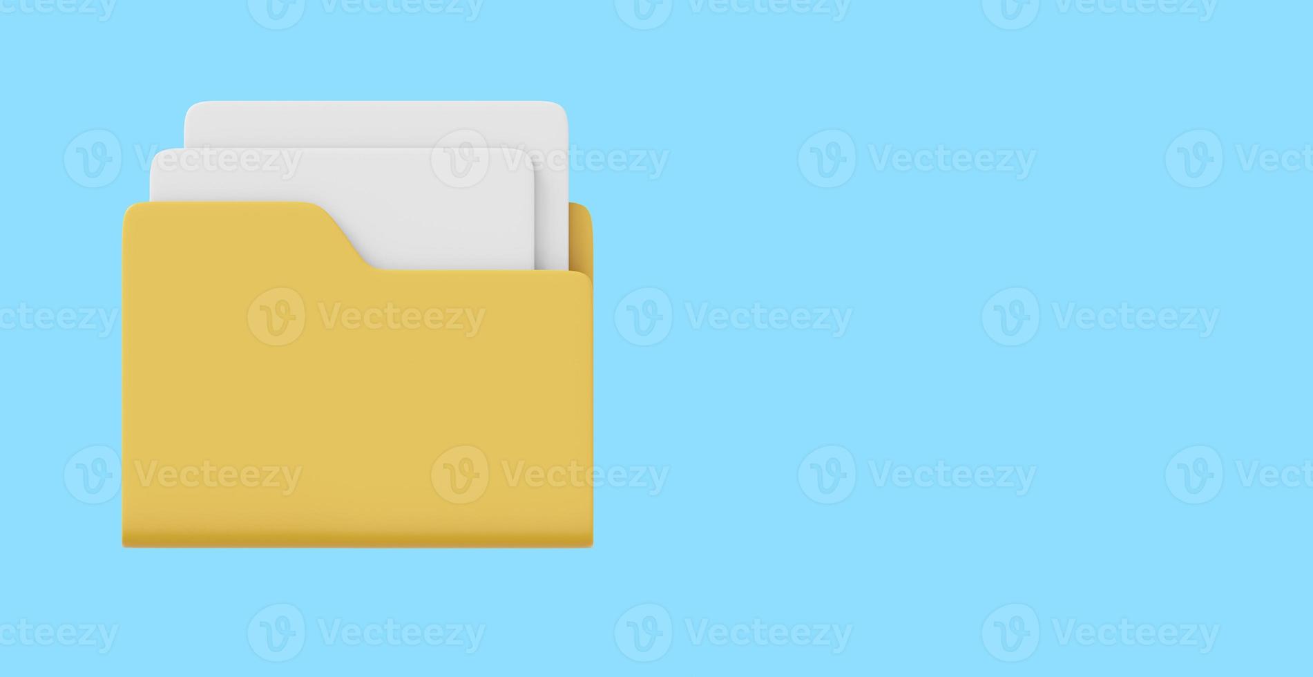 Computer folder with sheets of paper, files, interface element. 3D rendering. Icon on blue background, space for text. photo