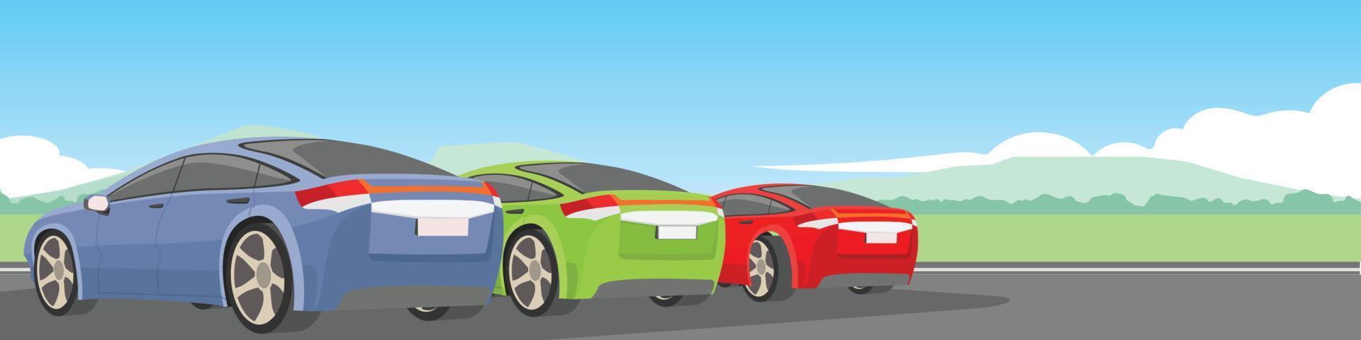 Cars parked backwards lined up in outdoor showrooms. Parking on asphalt road. Landscape view of green meadow and mountain under blue sky and white clouds. vector