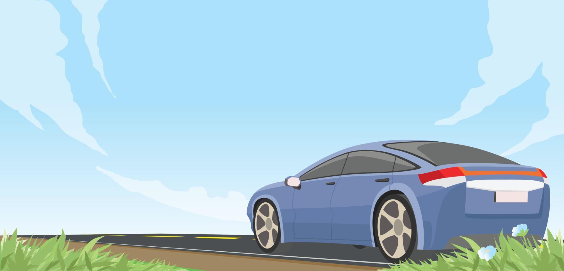 Vector cartoon landscape of asphalt road on wide open field. Swaying blade of grass in front. Blue passenger car drives forward to travel in the summer. Empty of blue sky with free space.