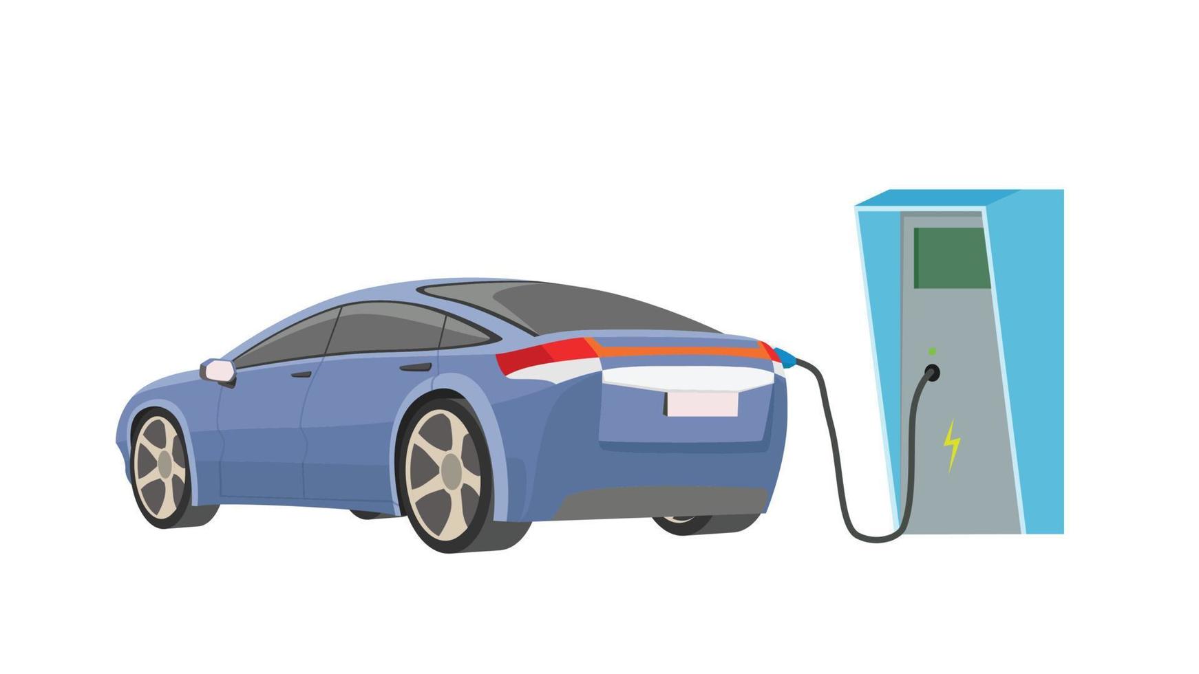 carga de color azul del coche eléctrico en la estación. vista de los coches desde atrás. repostaje desde la parte trasera del coche. El tablero de distribución de energía tiene un símbolo actual. sobre fondo blanco aislado. vector