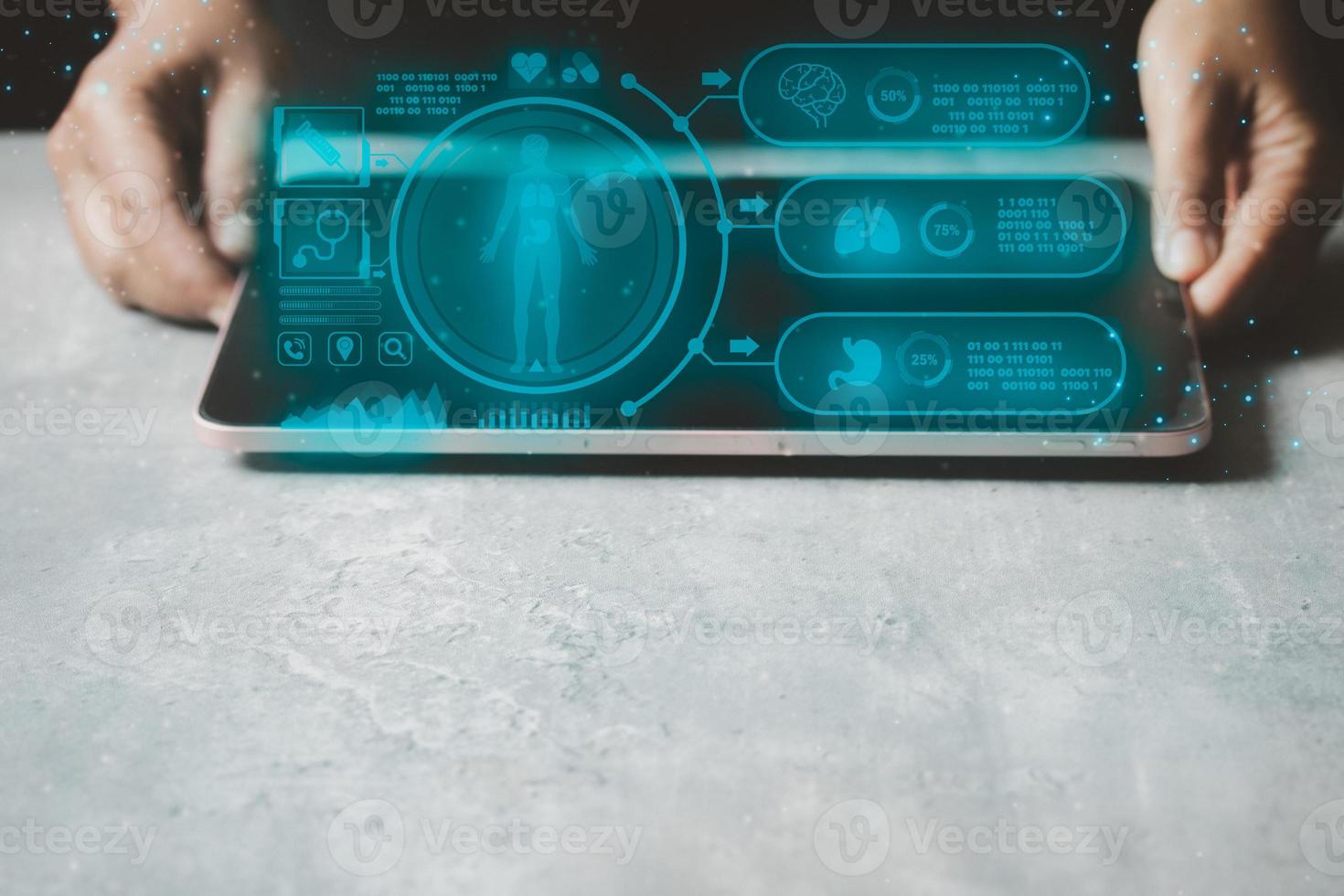 Medical technology, treatment, icon showing body work, instrument for checking heart on the dark background represents exercise, copy space. photo