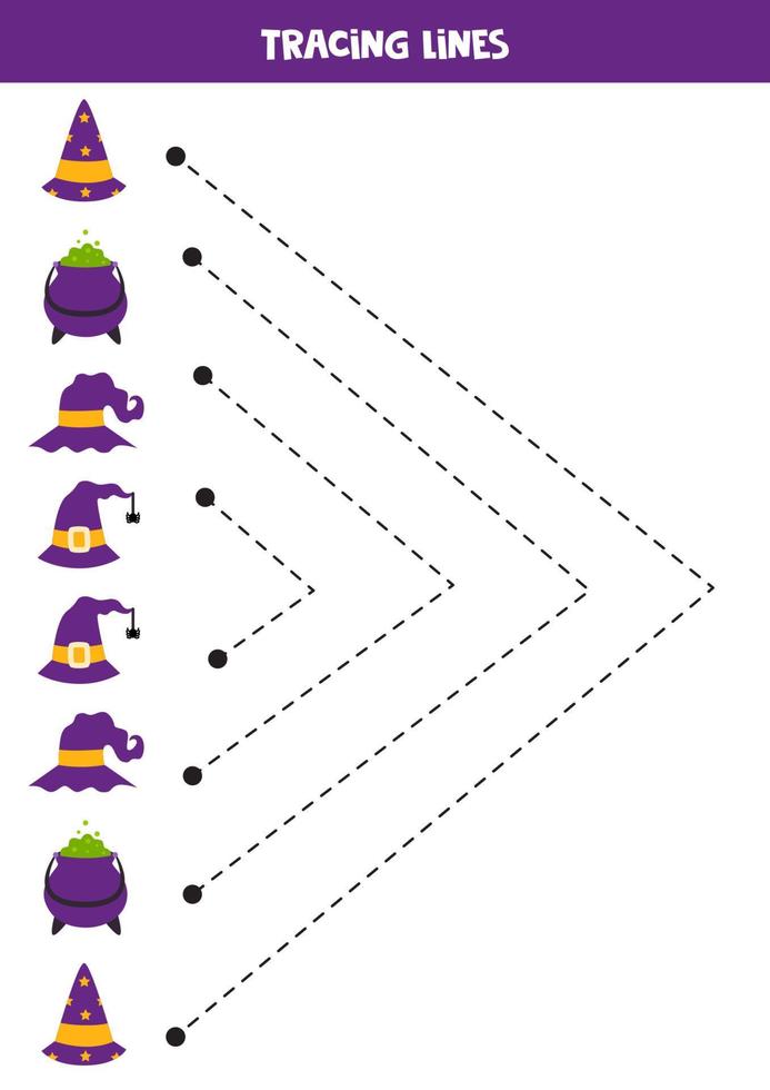 Tracing lines for kids. Cartoon Halloween hats and cauldron. vector