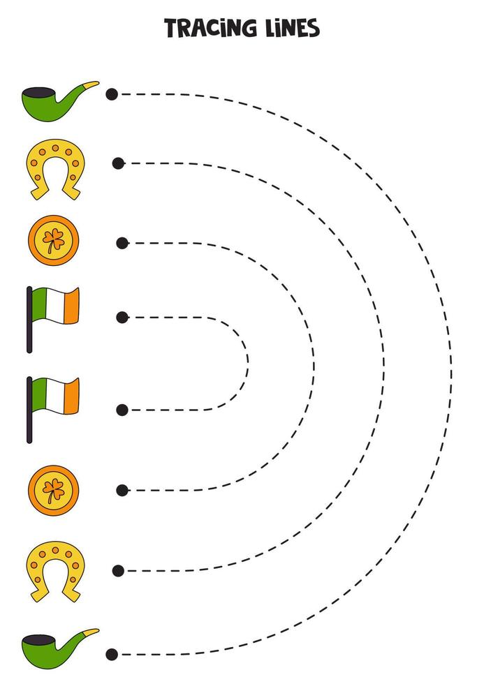 Tracing lines for kids. Cartoon Patrick day items. vector