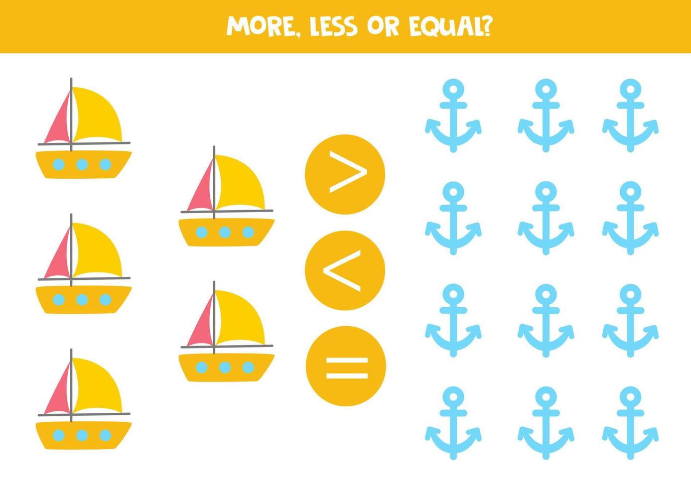 More, less or equal with cartoon yacht and anchor. vector