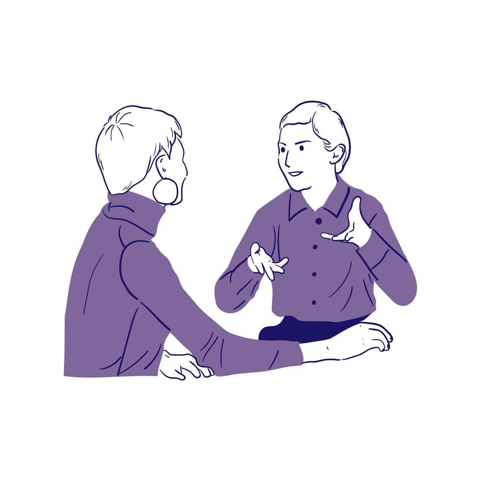 minimalistic hand drawn illustration of two women having a discussion about work vector